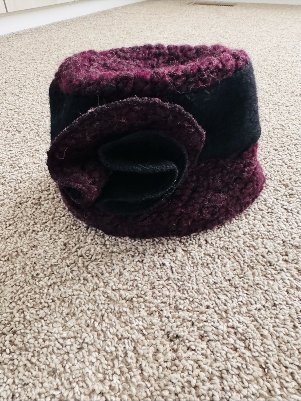 Womens Black and Plum Textured Cloche Hat with Flower Accent